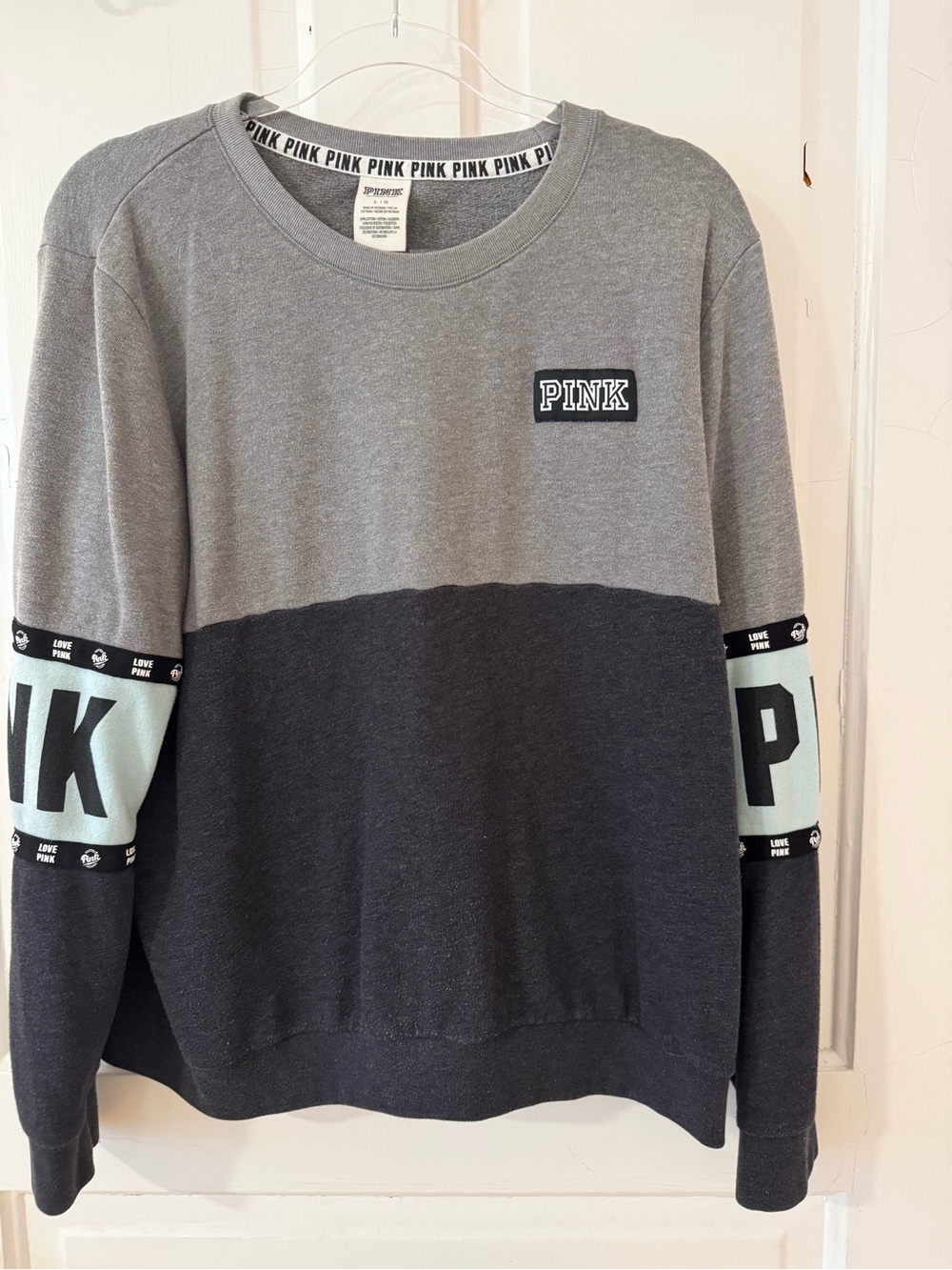 Victoria's Secret PINK Two-Tone Gray Crewneck Sweatshirt with Mint Accent